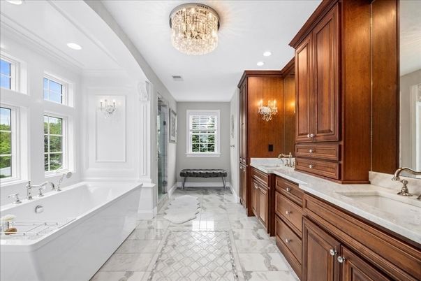 Bathroom, Chandelier, Dual Sink Vanities, Interior, Marble, Recessed Lighting