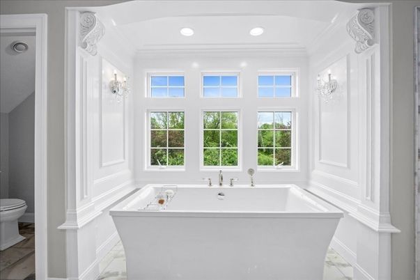 Bathroom, Free Standing Baths, Interior, Marble, Recessed Lighting