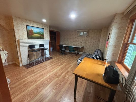 Interior, Recessed Lighting, Stone Walls, Wood Texture Flooring