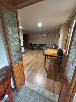 Interior, Recessed Lighting, Stone Walls, Wood Texture Flooring
