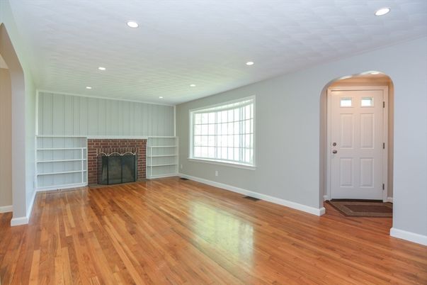 Empty room, Fireplace, Interior, Recessed Lighting, Wood Texture Flooring