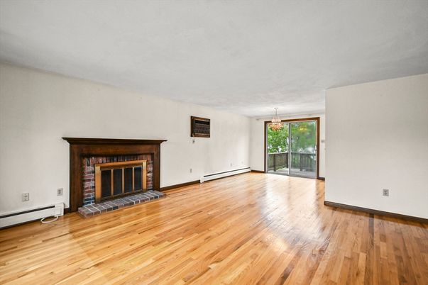 Empty room, Fireplace, Interior, Pendant Lights, Wood Texture Flooring
