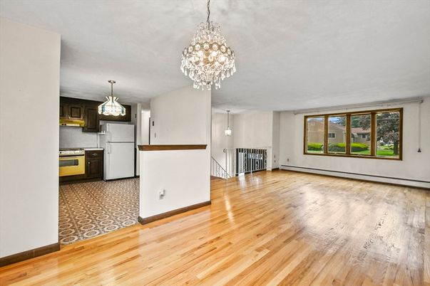 Chandelier, Empty room, Interior, Kitchen, Pendant Lights, Stainless Steel Appliances, Wood Texture Flooring