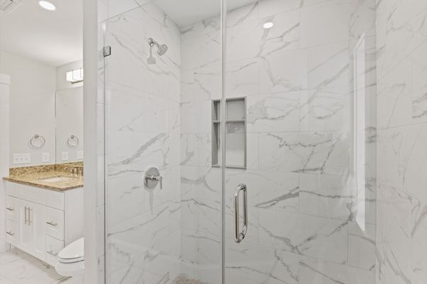 Bathroom, Glass Shower, Interior, Marble Walls, Recessed Lighting