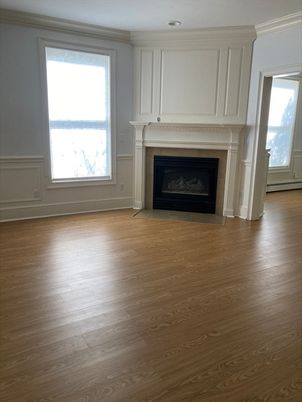 Empty room, Fireplace, Interior, Recessed Lighting, Wood Texture Flooring
