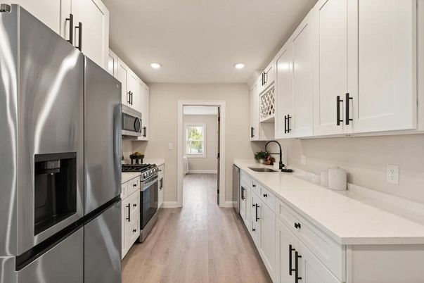 Interior, Kitchen, Recessed Lighting, Stainless Steel Appliances, Wood Texture Flooring