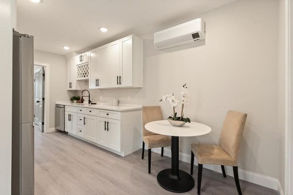 Dining room, Interior, Kitchen, Recessed Lighting, Wood Texture Flooring