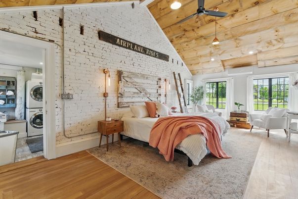 Bedroom, Interior, Living room, Pendant Lights, Recessed Lighting, Stone Walls, Utility Closets, Washer, Wooden Ceilings, Wood Texture Flooring