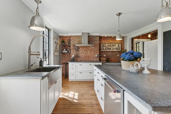 Interior, Kitchen, Pendant Lights, Stone Walls, Wood Texture Flooring