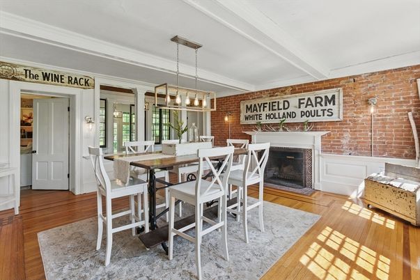 Dining room, Fireplace, Interior, Pendant Lights, Stone Walls, Wood Texture Flooring