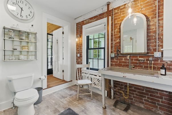 Bathroom, Interior, Stone Walls, Wood Texture Flooring