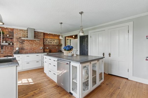 Interior, Kitchen, Pendant Lights, Stone Walls, Wood Texture Flooring