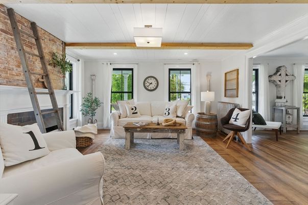 Fireplace, Interior, Living room, Recessed Lighting, Stone Walls, Wood Texture Flooring