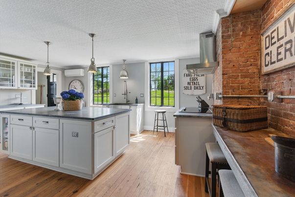 Interior, Kitchen, Pendant Lights, Stone Walls, Wood Texture Flooring