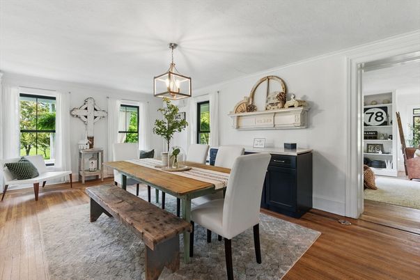 Dining room, Interior, Pendant Lights, Wood Texture Flooring