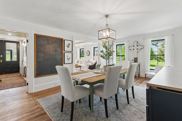 Dining room, Interior, Pendant Lights, Wood Texture Flooring
