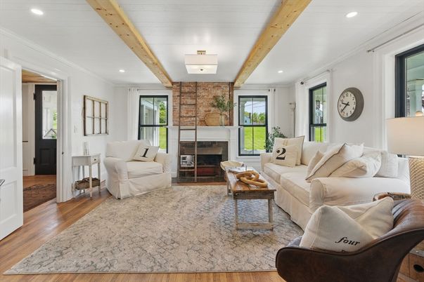 Fireplace, Interior, Living room, Recessed Lighting, Stone Walls, Wooden Beams, Wood Texture Flooring