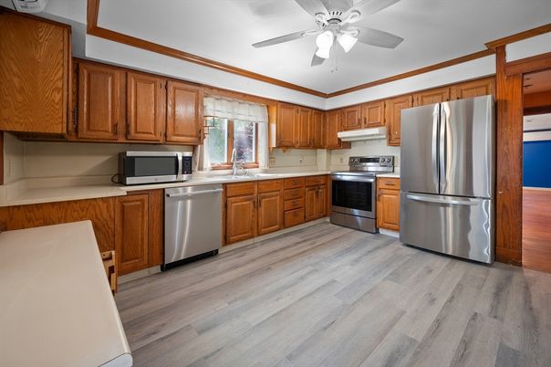 Interior, Kitchen, Stainless Steel Appliances, Wood Texture Flooring