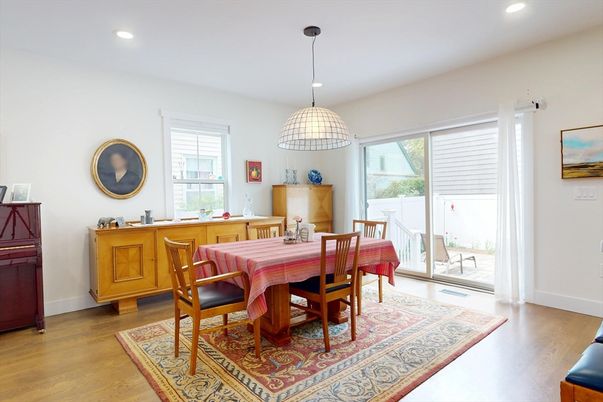 Dining room, Interior, Pendant Lights, Recessed Lighting, Wood Texture Flooring