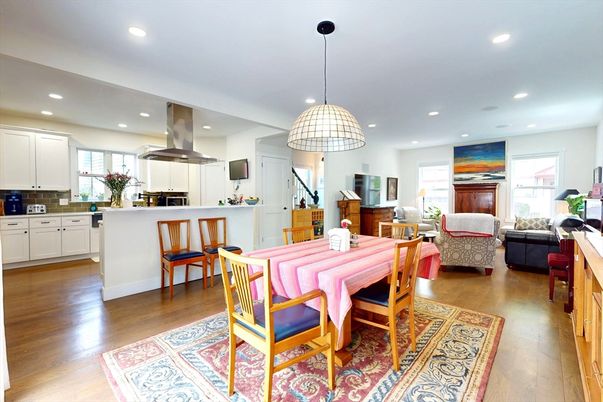 Dining room, Interior, Kitchen, Living room, Pendant Lights, Recessed Lighting, Stainless Steel Appliances, Wood Texture Flooring