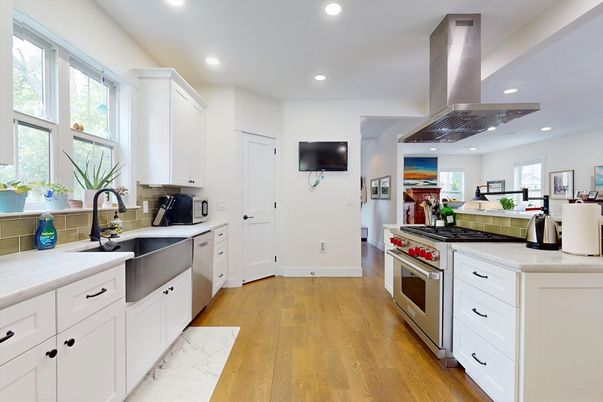 Interior, Kitchen, Recessed Lighting, Stainless Steel Appliances, Wood Texture Flooring