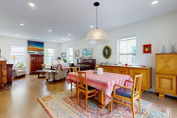 Dining room, Interior, Living room, Pendant Lights, Piano, Recessed Lighting, Wood Texture Flooring