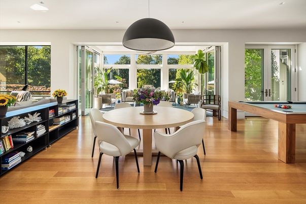 Billiard Table, Dining room, Game Room, Interior, Pendant Lights, Recessed Lighting, Wood Texture Flooring