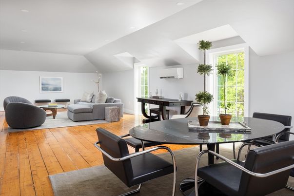 Dining room, Interior, Living room, Recessed Lighting, Wood Texture Flooring