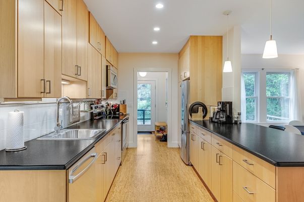 Interior, Kitchen, Pendant Lights, Recessed Lighting, Wood Texture Flooring