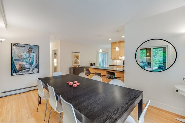 Dining room, Interior, Kitchen, Pendant Lights, Recessed Lighting, Wood Texture Flooring