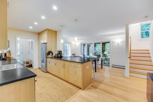 Dining room, Interior, Kitchen, Pendant Lights, Recessed Lighting, Wood Texture Flooring