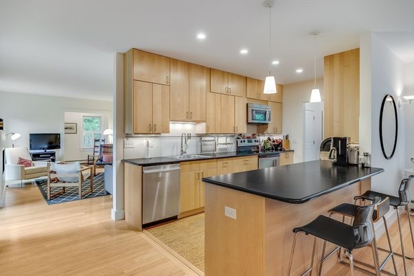 Interior, Kitchen, Living room, Pendant Lights, Recessed Lighting, Stainless Steel Appliances, Wood Texture Flooring
