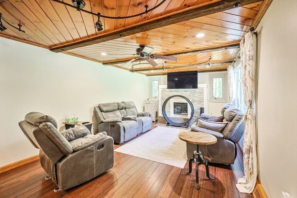 Fireplace, Interior, Living room, Recessed Lighting, Wooden Ceilings, Wood Texture Flooring