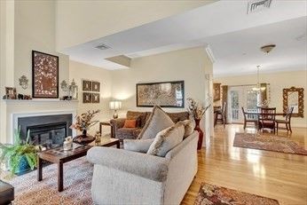 Dining room, Fireplace, Interior, Living room, Pendant Lights, Wood Texture Flooring