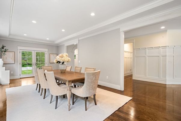 Dining room, Interior, Recessed Lighting, Wood Texture Flooring