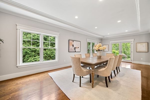Dining room, Interior, Recessed Lighting, Wood Texture Flooring