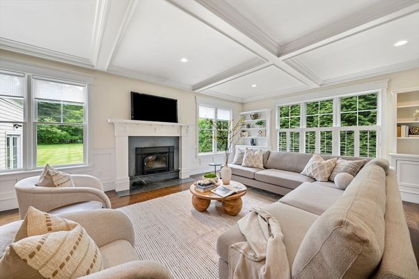 Fireplace, Interior, Living room, Recessed Lighting, Wood Texture Flooring