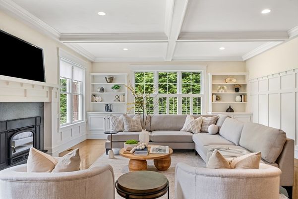 Fireplace, Interior, Living room, Recessed Lighting, Wood Texture Flooring