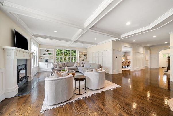 Fireplace, Interior, Living room, Recessed Lighting, Wood Texture Flooring