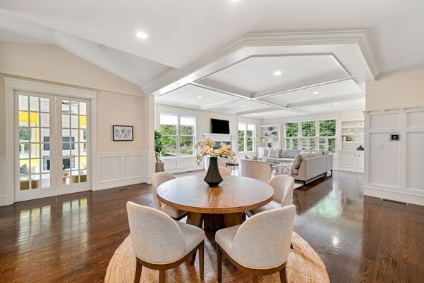 Dining room, Interior, Living room, Recessed Lighting, Wood Texture Flooring