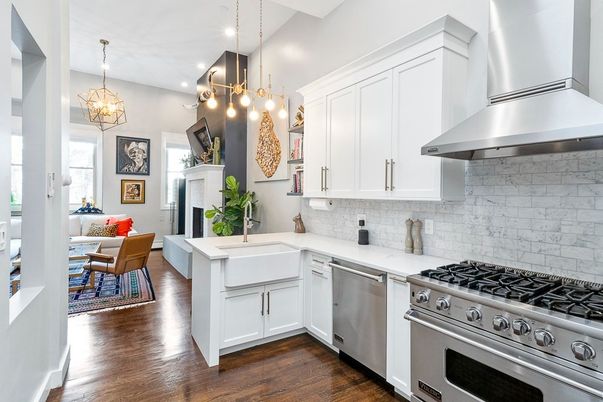 Dining room, Fireplace, Interior, Kitchen, Pendant Lights, Recessed Lighting, Stainless Steel Appliances, Wood Texture Flooring