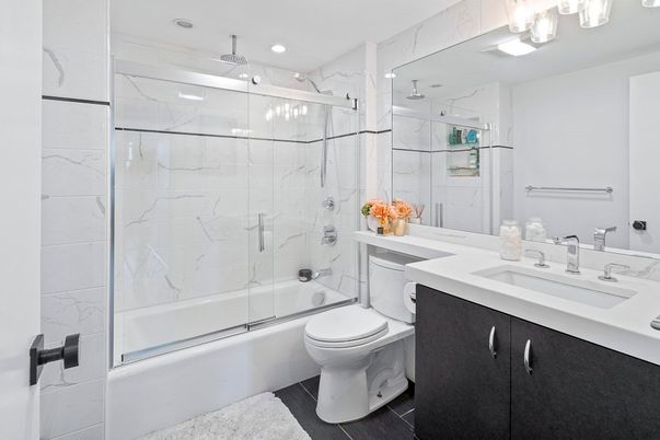 Bathroom, Glass Shower, Interior, Marble Walls, Recessed Lighting