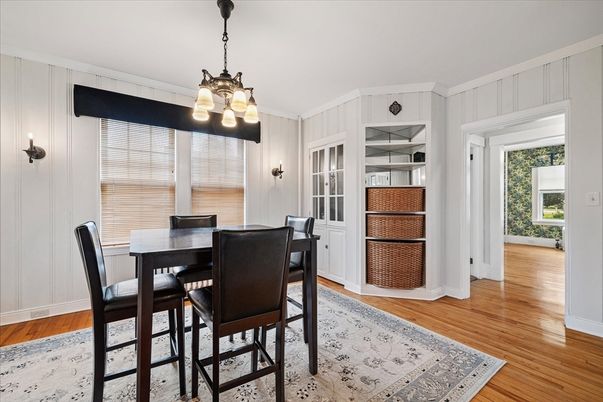 Dining room, Interior, Pendant Lights, Wood Texture Flooring
