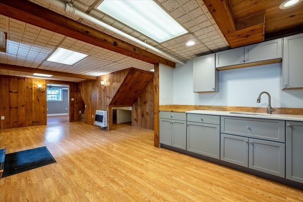 Empty room, Interior, Kitchen, Recessed Lighting, Wooden Ceilings, Wood Texture Flooring, Wooden Walls