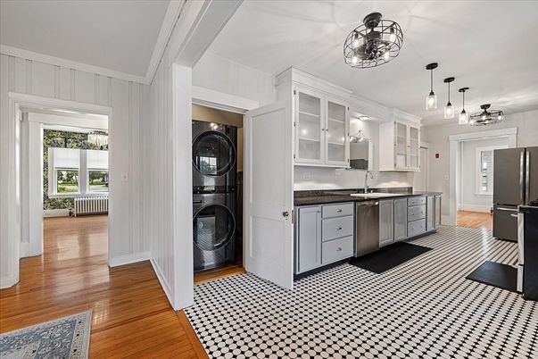 Interior, Kitchen, Pendant Lights, Washer, Wood Texture Flooring