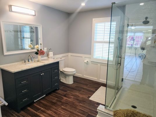 Bathroom, Glass Shower, Interior, Recessed Lighting, Wood Texture Flooring