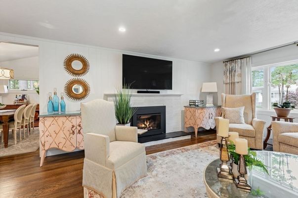 Dining room, Fireplace, Interior, Living room, Recessed Lighting, Wood Texture Flooring