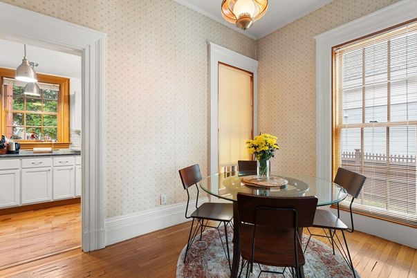 Dining room, Interior, Pendant Lights, Wood Texture Flooring