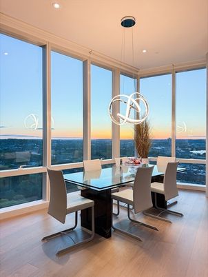 Dining room, Interior, Pendant Lights, Recessed Lighting, Wood Texture Flooring