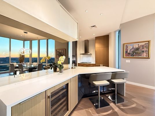 Dining room, Interior, Kitchen, Pendant Lights, Recessed Lighting, Stainless Steel Appliances, Water, Wood Texture Flooring